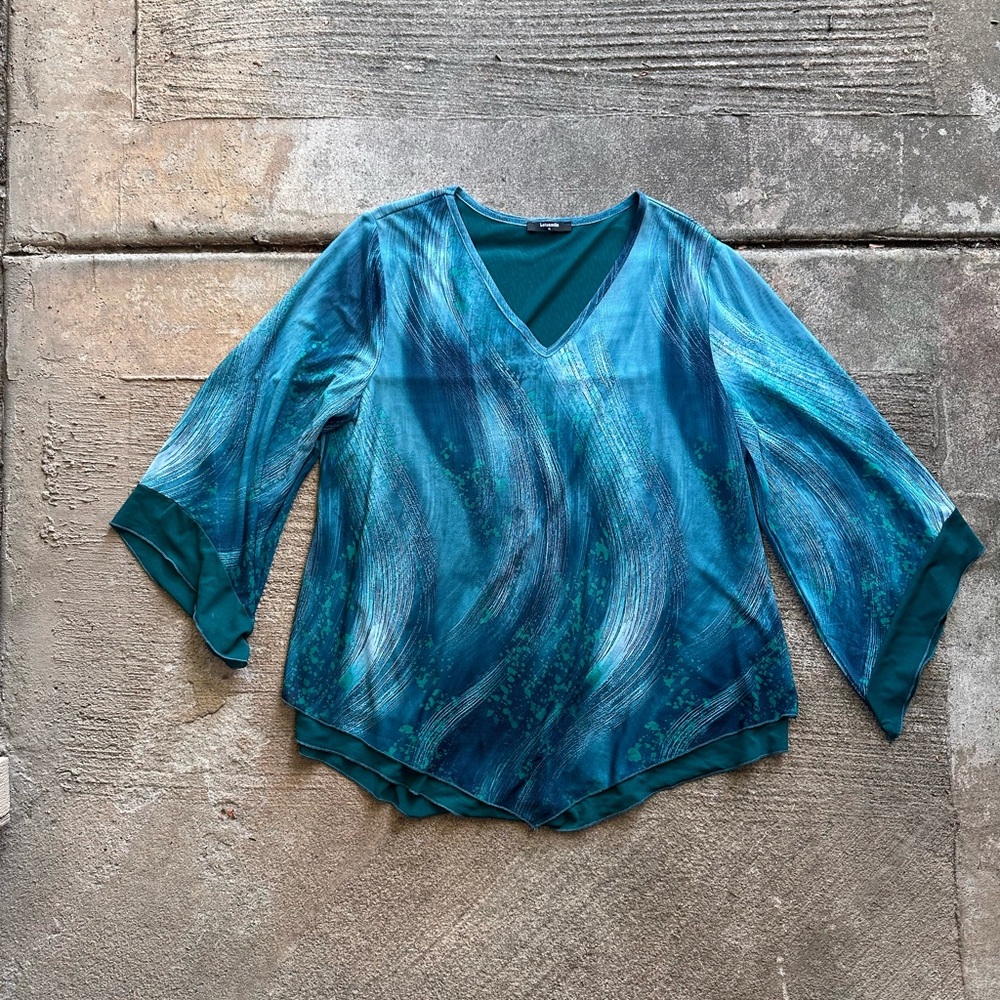 Y2K style lotussmile flared sleeves green and blue blouse